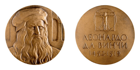 Jubilee medal large desktop medallion famous Italian artist, writer and scientist Leonardo da Vinci close-up illustrative editorial