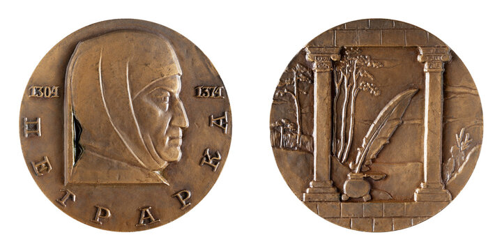 Jubilee medal large desktop medallion famous Italian poet Francesco Petrarca 1304 - 1374 close-up illustrative editorial