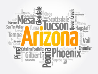 List of cities in Arizona USA state, word cloud concept background