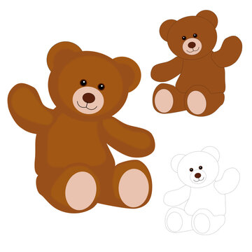 Set of cute cartoon brown teddy bear toy pink hills