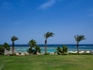 Fototapeta na wymiar Panoramic view of sunny beach in Marsa Alam, Egypt