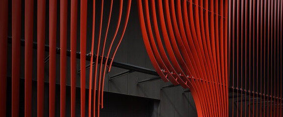 Red metal decorative sun shade facade abstract modern building exterior banner