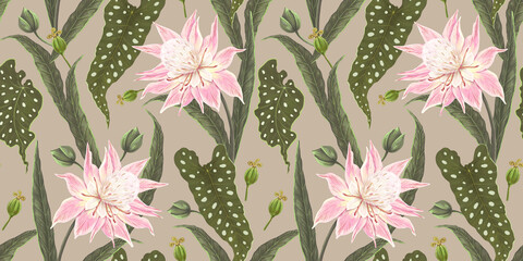 Botanical seamless pattern with different flowers. Vintage floral background. Flowers and herbs wallpaper. Hand drawing illustration. Used for printing on fabric, wallpaper, goods