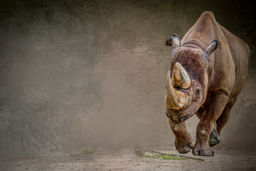 A black rhino walking straight ahead on a gray background © Ralph Lear