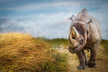 An isolated rhino walking through sand and tall grass