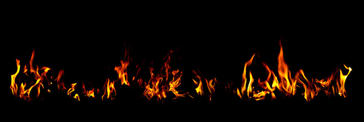 Panorama Texture of fire on a black background.Fire and Flames on dark background.