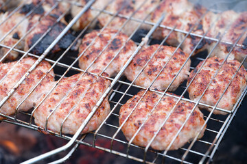 Closeup of fried meat cutlets on wire rack
