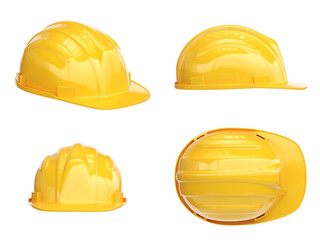 Yellow hard hat various views, safety helmet isolated on white background 3d rendering - obrazy, fototapety, plakaty