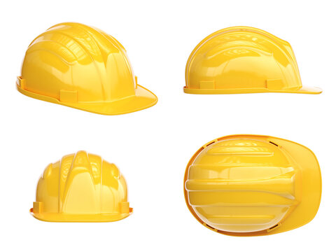 Yellow hard hat various views, safety helmet isolated on white background 3d rendering