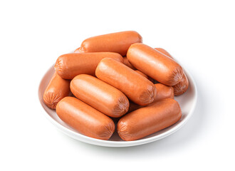 Sausages in a white plate close-up isolated on a white background.
