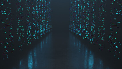 Abstract background futuristic server room. Data center, neon lights glowing in the dark 3d illustration