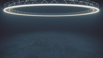 Large neon spotlight shining on empty asphalt ground 3d illustation