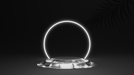 3d geometric shape form rendering in minimal scene podium showcase, shop front, display mockup case and stage for cosmetic premium product presentation placement with empty blank space.