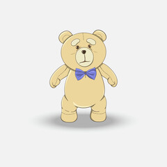 Sad teddy bear. Wearing a blue bow tie on a white background.