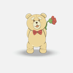 Shy teddy bear carrying red roses on a white background. Wearing a red bow tie