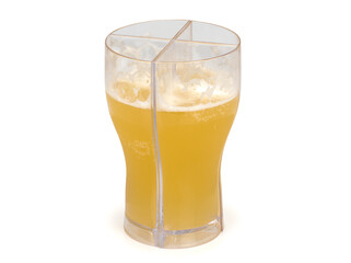 Light beer in glass. Glass, divided into four parts