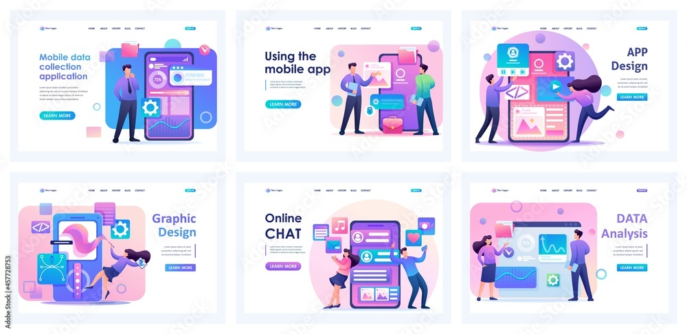 Poster collection of landing pages. mobile applications for creating graphic design, data processing, data 
