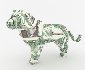 Dollar Tiger. Money origami. Symbol animal of Chinese New year 2022 made from American One dollar bill. Paper folded. 3D illustration for financial calendar
