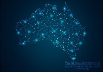 Abstract mash line and point scales on dark background with map of Australia.3D mesh polygonal network line, design sphere, dot and structure. Vector illustration eps 10.