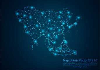 Abstract mash line and point scales on dark background with map of Asia.3D mesh polygonal network line, design sphere, dot and structure. Vector illustration eps 10.