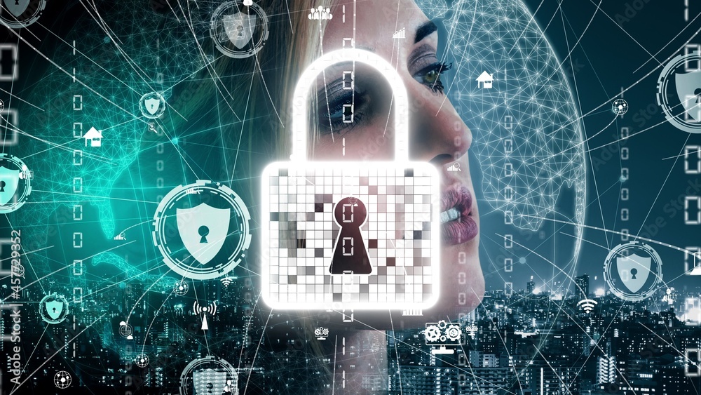 Poster cyber security and digital data protection conceptual . graphic interface showing secure firewall te