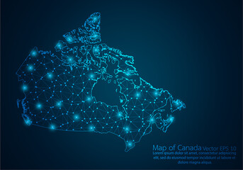 Abstract mash line and point scales on dark background with map of Canada.3D mesh polygonal network line, design sphere, dot and structure. Vector illustration eps 10.