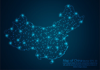 Abstract mash line and point scales on dark background with map of China.3D mesh polygonal network line, design sphere, dot and structure. Vector illustration eps 10.