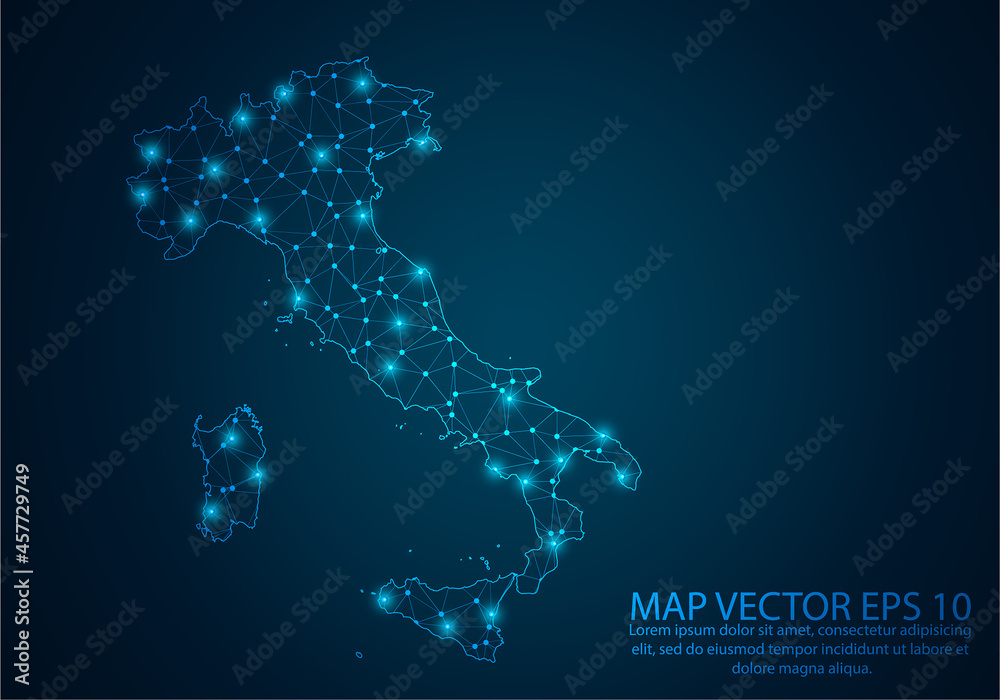Wall mural abstract mash line and point scales on dark background with map of italy.3d mesh polygonal network l