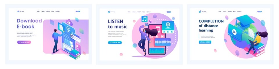 Collection of landing pages. Girls and boys learn online, relax and listen to music. Isometric characters - obrazy, fototapety, plakaty