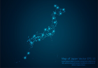 Abstract mash line and point scales on dark background with map of Japan.3D mesh polygonal network line, design sphere, dot and structure. Vector illustration eps 10.
