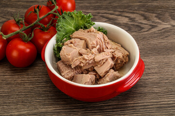 Canned tuna fillet in the bowl