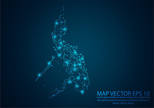 Abstract mash line and point scales on dark background with map of Philippines.3D mesh polygonal network line, design sphere, dot and structure. Vector illustration eps 10.