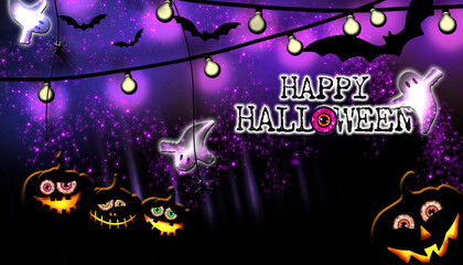 Halloween party banner. Halloween illustration with scary eyes, ghosts, pumpkins, spiders, spider webs and bats. HAPPY HALLOWEEN.