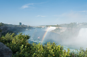 View at Niagara Falls on a sunny day with the rainbow in Ontario Canada