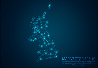 Abstract mash line and point scales on dark background with map of United Kingdom.3D mesh polygonal network line, design sphere, dot and structure. Vector illustration eps 10.