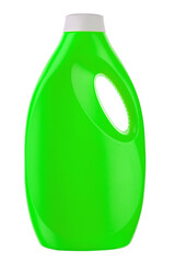 Green plastic bottle for liquid laundry detergent, cleaning agent, bleach or fabric softener isolated on white background.