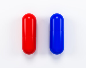 Red and blue pill isolate on white background. 3d illustration
