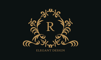 Fototapeta na wymiar Design of an elegant company sign, monogram template with the letter R. Logo for cafe, bar, restaurant, invitation, wedding.