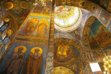 Fototapeta na wymiar Amazing interior of full mosaics in Church of the Savior on Blood at st petersburg russia,vault structure in church.