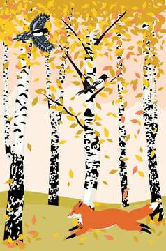 Autumn birch trees and animals