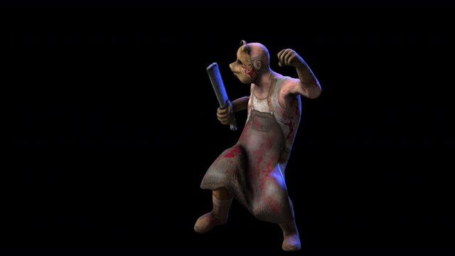 Seamless animation of butcher psycho killer twist dancing with alpha channel. Funny halloween background.