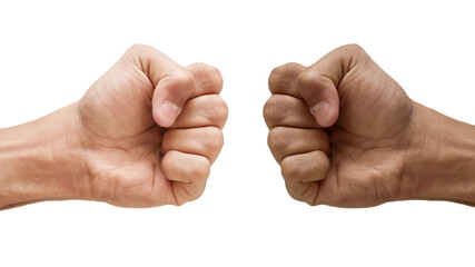 White skinned man and dark skinned man doing a fist bump isolated on a white background, Black live matter hand fist sign, White and black man hand fist side by side
