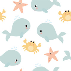 Seamless childish pattern with cute whale, adorable crab and starfish. Vector illustration on white background.