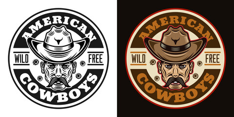 Cowboys vector vintage round emblem, label, badge or logo illustration in two styles black on white and colorful on dark background