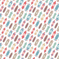 Vector Seamless Pattern with Skateboard. Illustration of Different Wooden Skate Board. Line Art Flat Style Skateboarding Retro Color on White Background