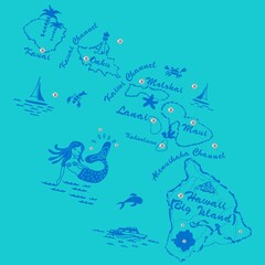 Map of island of treasure with elements and texts.