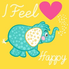 funny elephant with bubbles background, pink heart and text