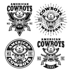Cowboys and wild west set of four vector vintage emblems, labels, badges or logos in monochrome style isolated on white background