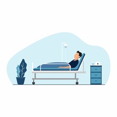 Vector Illustration of a sick male patient lying in bed.  Hospitalized man, infusion attached to the hand, healing process. Flat design style.