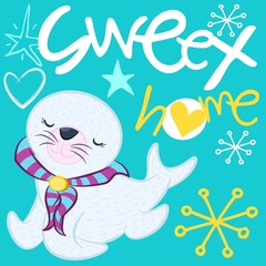 funny seal with scarf, snowflakes, hearts and text